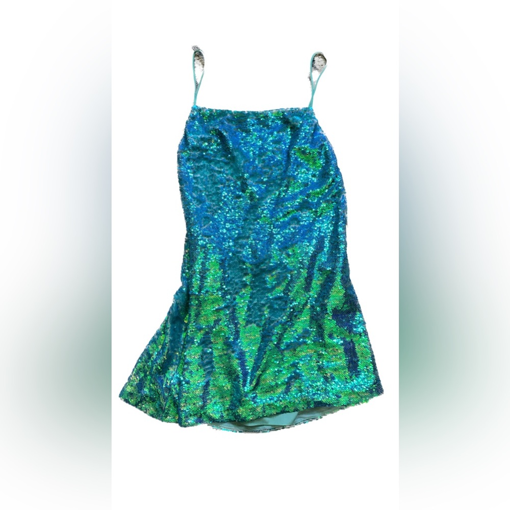 NWT Open Back Lace Up Sequined Blue and Green Mini Dress Women’s Size Large